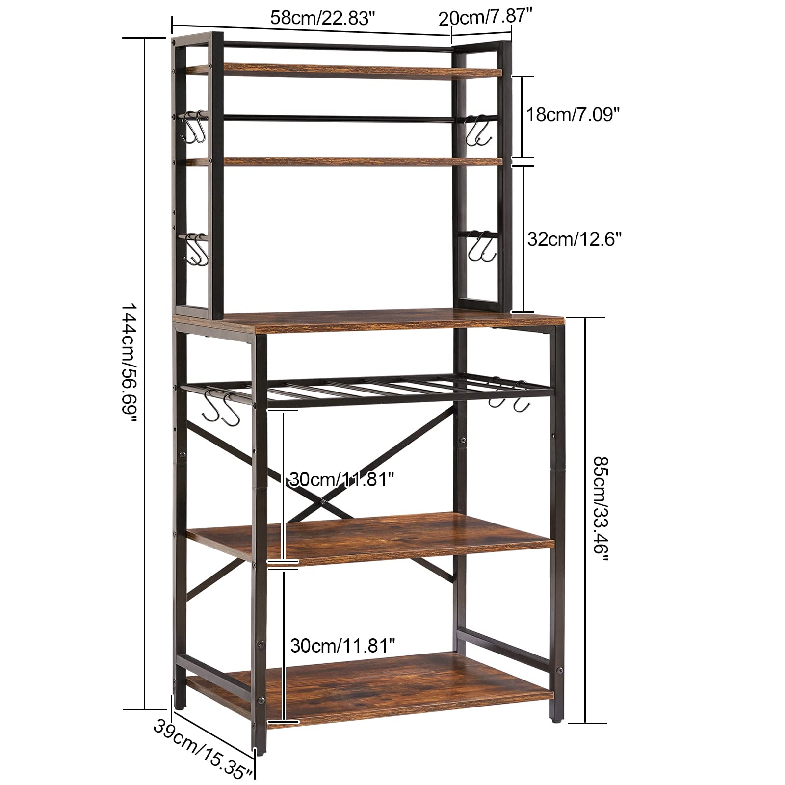 YMYNY Küchenregal, Bäckerregal Standregal mit Haken, Mikrowellenregal mit 6 Ablagen, Weinregal, Industrie Design, Mehrzweck-Organizer, für Mikrowelle, Kochutensilien Braun-schwarz HBR003H