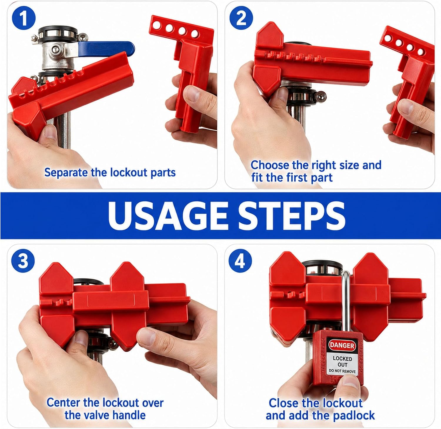 Ball Valve Lockout Device, Adjustable Small Red | 1/2"-2-1/2" Outside Pipe Diameter, Outdoor Water Spigot & Industrial Faucet, Handle Pipeline Locking