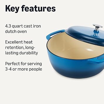 Amazon Basics Enameled Cast Iron Dutch Oven Pot with Lid, Round, Dual Handles, Heavy-Duty, Oven Safe for Stews, Roasting, Baking,4.3-Quart, Blue