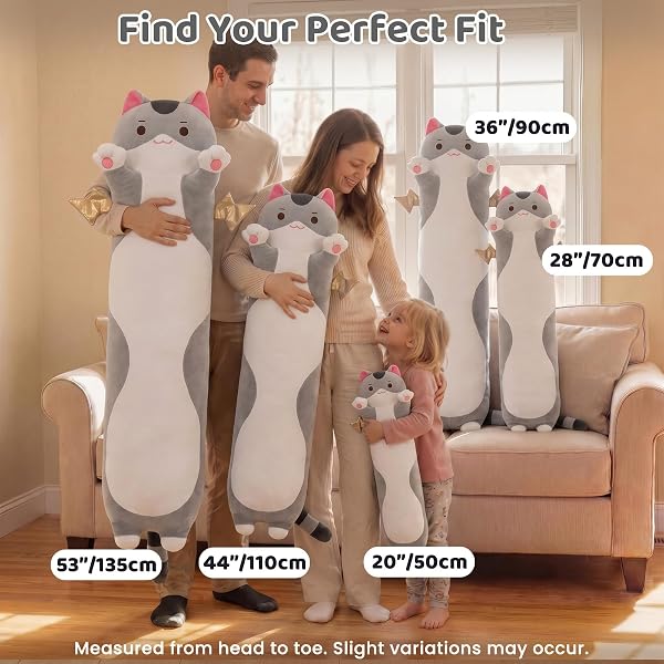 Mewaii Long Cat Plush Body Pillow, Cute Cat Plush Animals Kawaii Soft Plushies, Kitten Plush Pillow Doll Gift for Girls Boys (Gray Cat 28 Inch) - 4