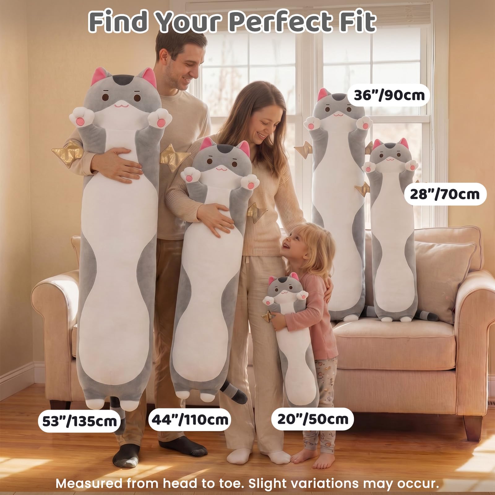 Mewaii Carino Gatto in Peluche Cuscino lungo Cuscino Animale Bambola Giocattoli Kawaii Soffici Comfort Cuscino in Peluche per Regalo per Bambini dai 3 anni in su, 50 cm, Gatto Grigio)