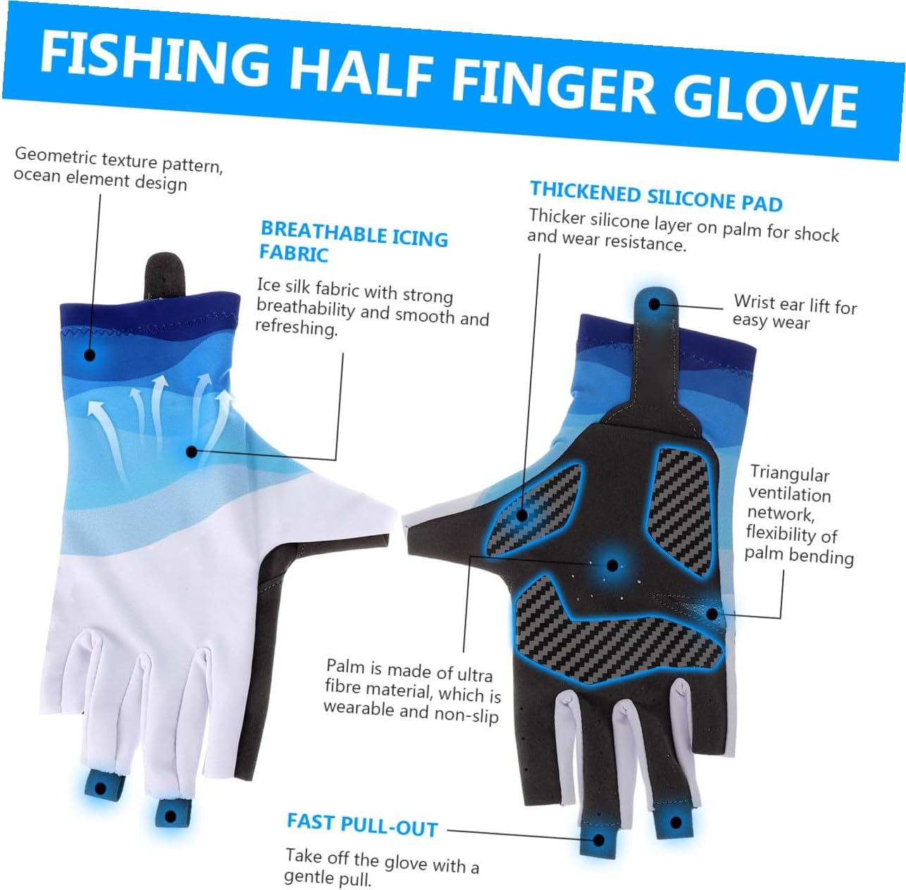 Fishing Gloves Half-Finger UV Protection Gloves for Summer Fishing Sailing Kayaking Ocean Blue Size M