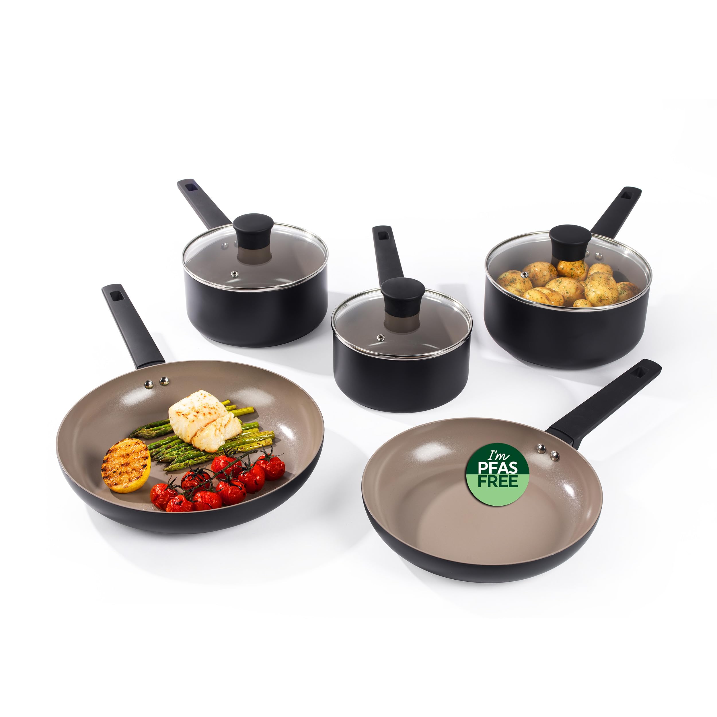 Salter Recycled Ceramic 5 Piece Cooking Pan Set – 16/18/20 cm Saucepans & 24/28 cm Frying Pans, Pressed Aluminium, PFOA & PFAS-Free Non-Stick Coating, Stay Cool Handles, Includes Tempered Glass Lids