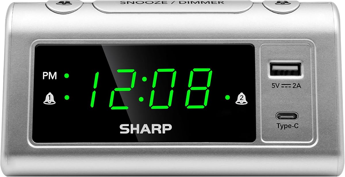 Sharp Digital Alarm Clock, USB-C & USB-A Charging, Dual Alarm, Green LED