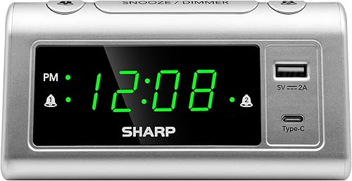 Miniatura 1 de SHARP Reloj despertador para dormitorios, carga USB-C súper rápida y carga USB rápida de 2 amperios, 2 alarmas, atenuador de 3 pasos, repetición,