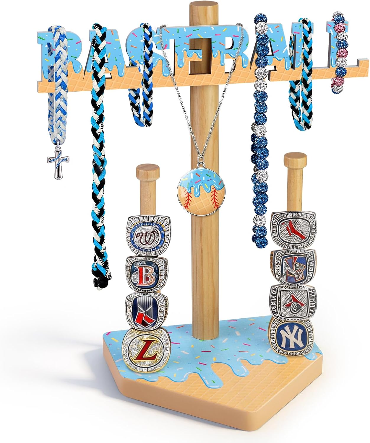 Baseball Ice cream Drip Necklace Holder, Wooden Magnetic BASEBALL Letter Sign, Championship Ring Holder and Jewelry Organizer, Sports Decor Gift for Players, Coaches, Baseball Moms and Fans
