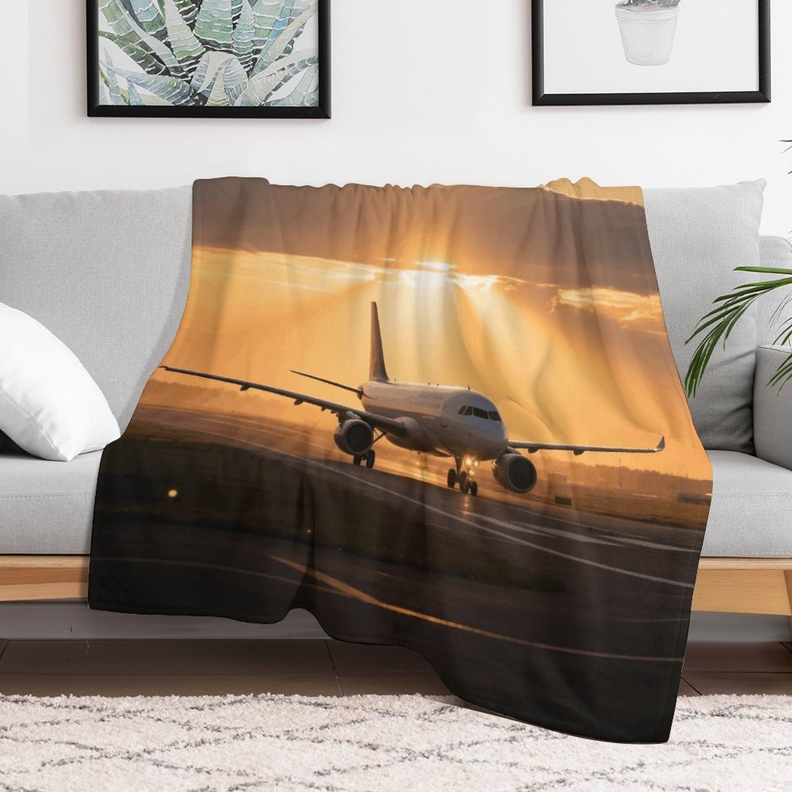 Custom Airplane at Sunset Blanket Lightweight Flannel Fleece Throw for Couch Sofa Bed Luxury Soft Cozy Plush Lap Bedtime Blanket for All Seasons Bedroom Home Decor Gifts 60x80