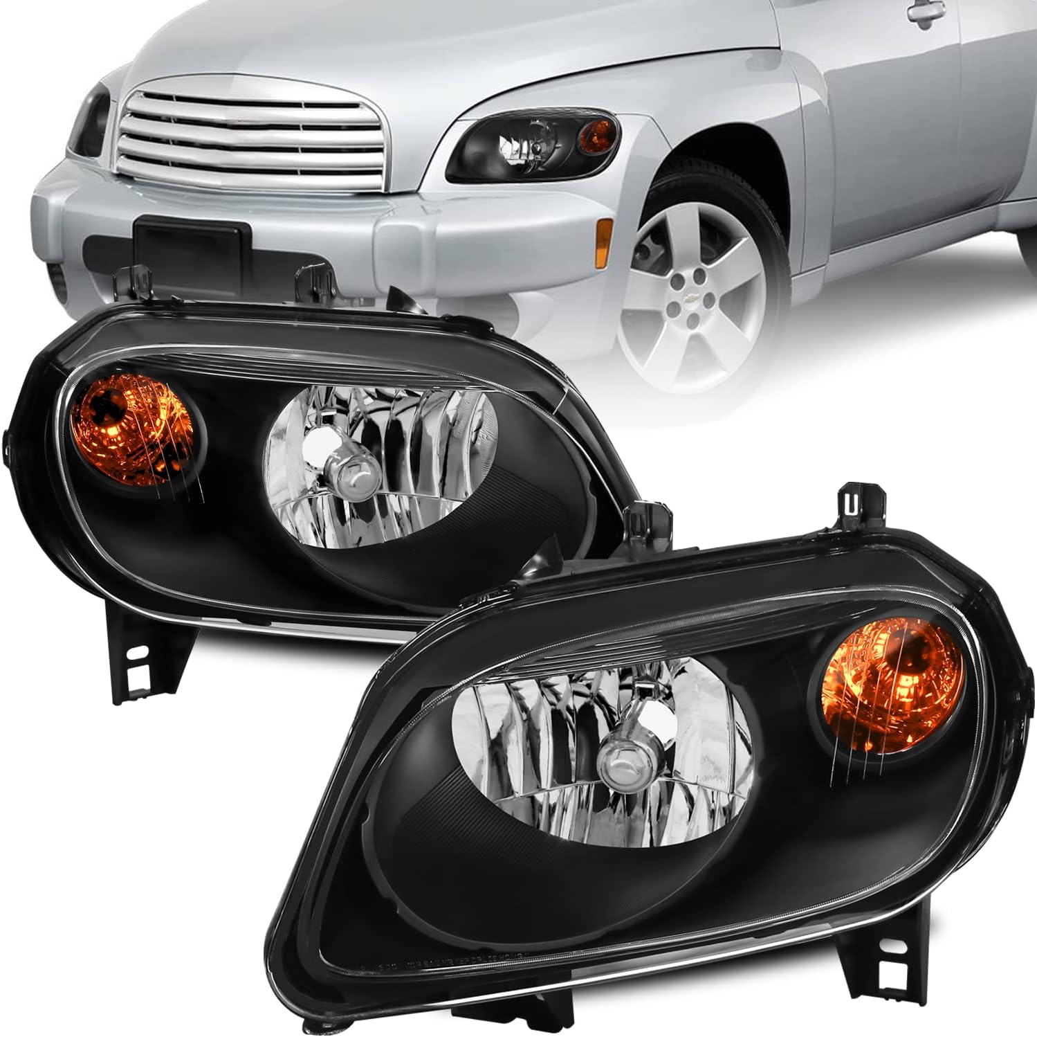 MOSTPLUS Headlight Assembly Compatible with 2006-2011 Chevy HHR Front Lamp with Black Housing/Clear Lens/Amber Reflector
