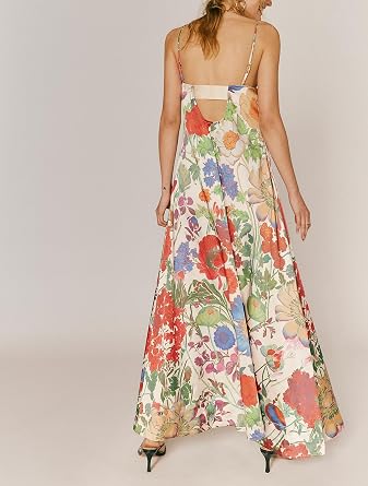 Amiblvowa Women Floral Maxi Dress Sexy Sleeveless Backless A-Line Long Flowy Dress Back Cut Out Spaghetti Strap Sundress