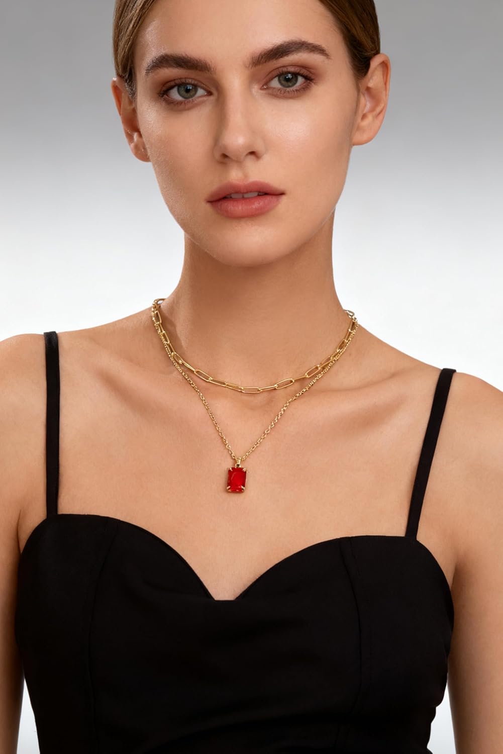 Gold Layered Pendant Necklaces for Women 14k Gold Plated Crystal Choker Necklace Paperclip Rhinestone Necklace Party Prom Jewelry - Image 3