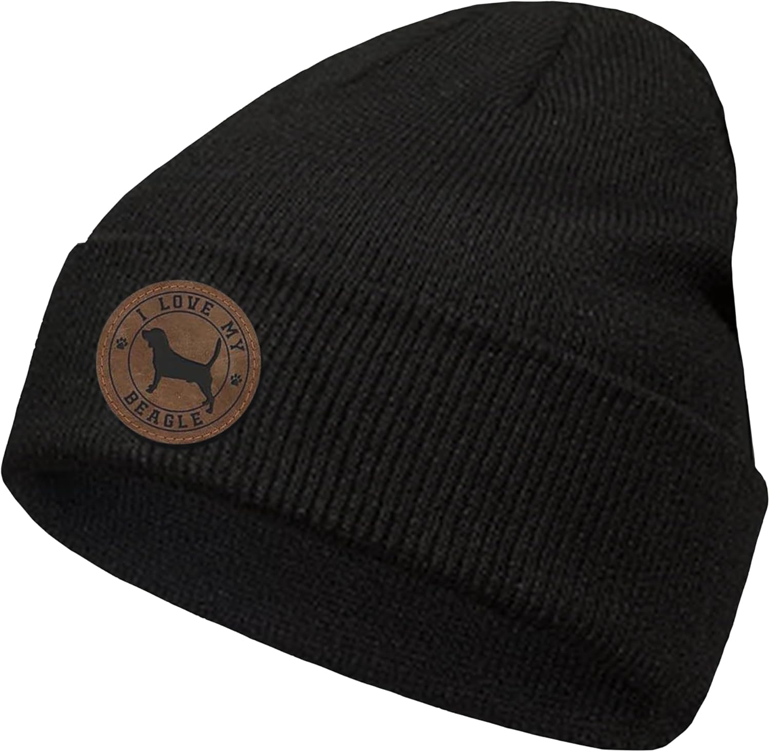 Dog Beanie Hat Gift for Men Women - Black Dog Winter Hat Leather Patch Knitted Cuffed Cap Winter Skull Cap
