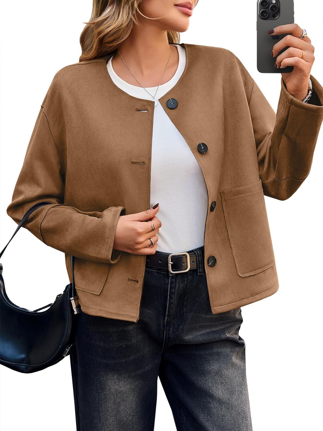 Cicy Bell Womens Faux Suede Leather Jackets Trendy Casual Cropped Outerwear Button Down Collarless Short Bomber Shackets