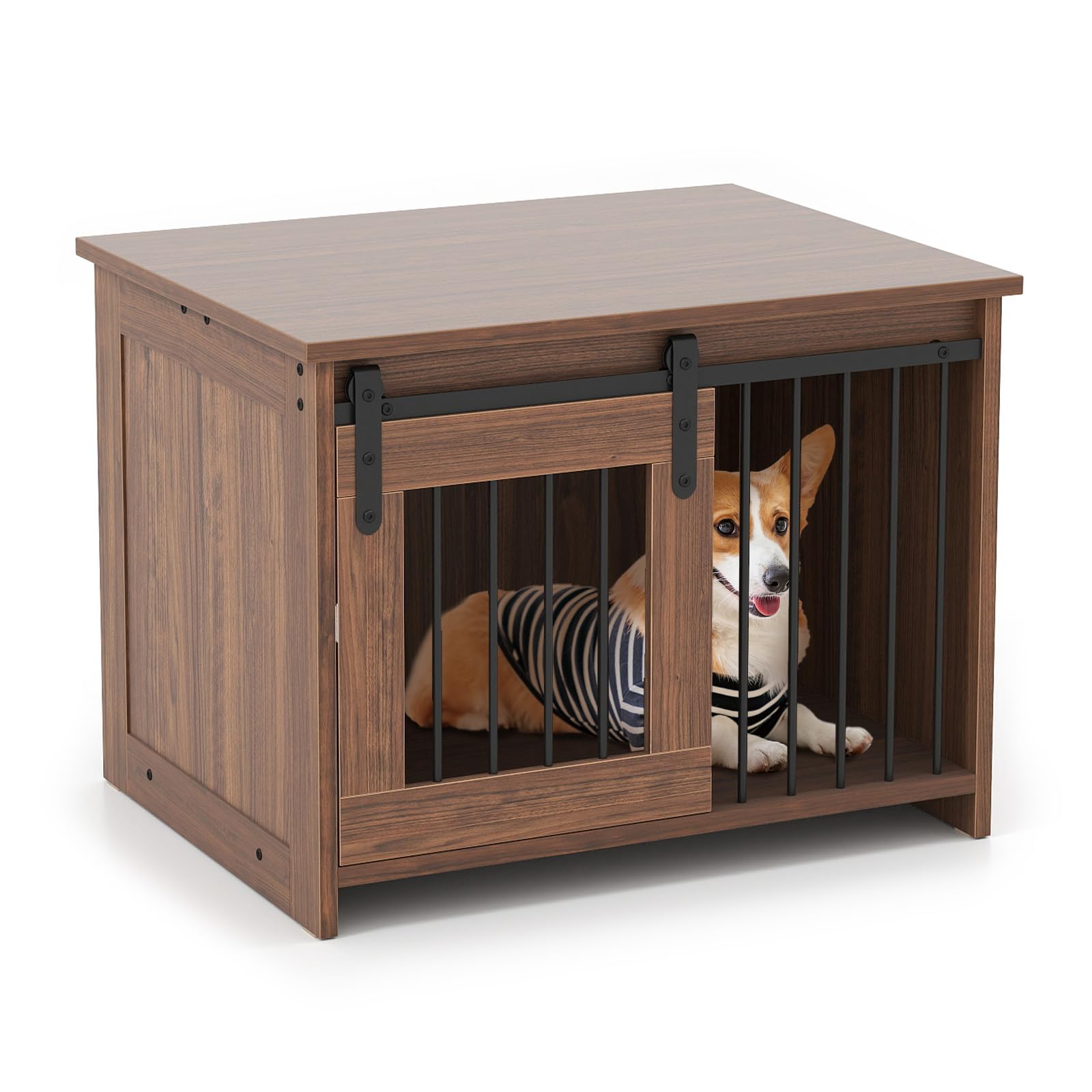 COSTWAY Jaula para Perros Medianos, 80x60x60 cm, Muebles de Jaula para Perros con Puerta Corrediza, Tubos Metálicos a Prueba de Masticar, Mesa Auxiliar Perrera para Mascotas Pequeñas Medianas (Marrón)
