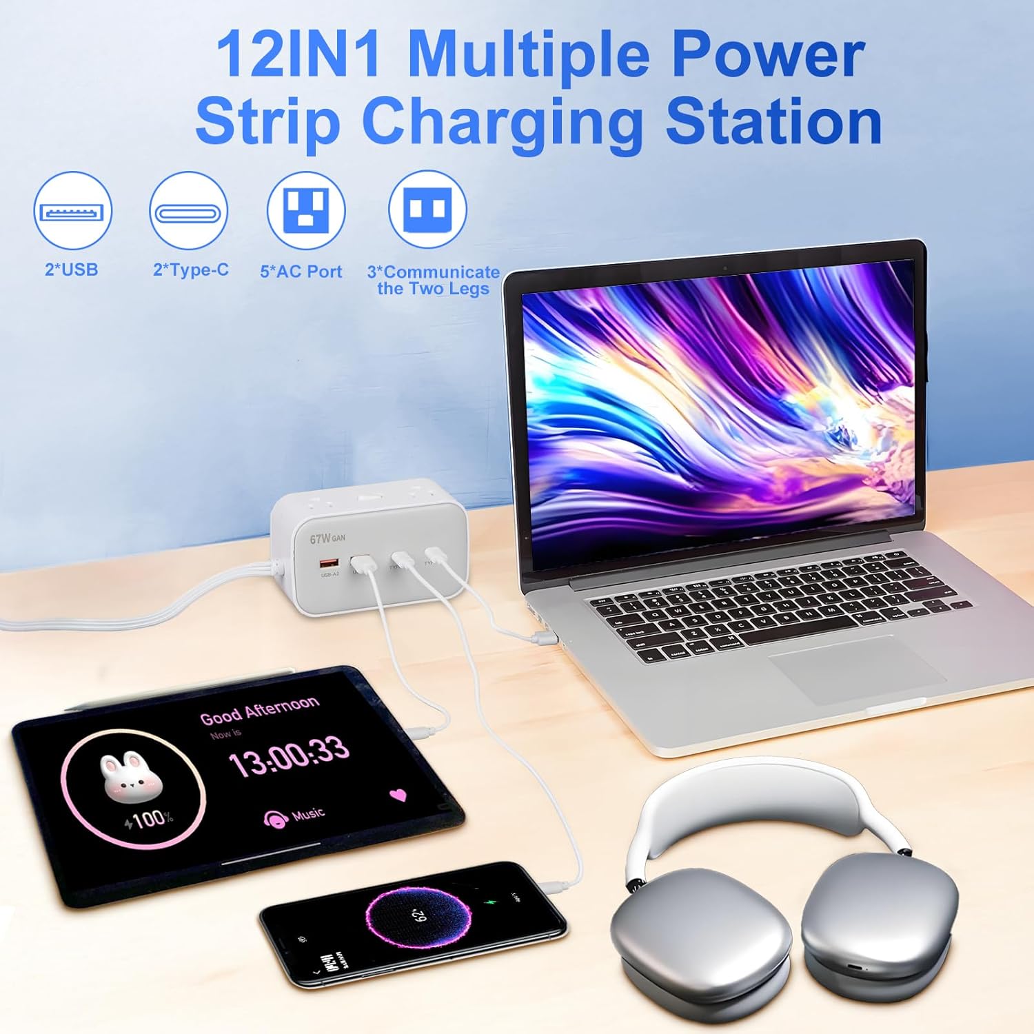 67W GaN Power Strip, 12-in-1 Flat Plug with 8 AC Outlets, 2 USB-A & 2 USB-C Ports, 6Ft Flat Extension Cord, Desktop Surge Protector for MacBook Pro, iPhone 16 Pro & More