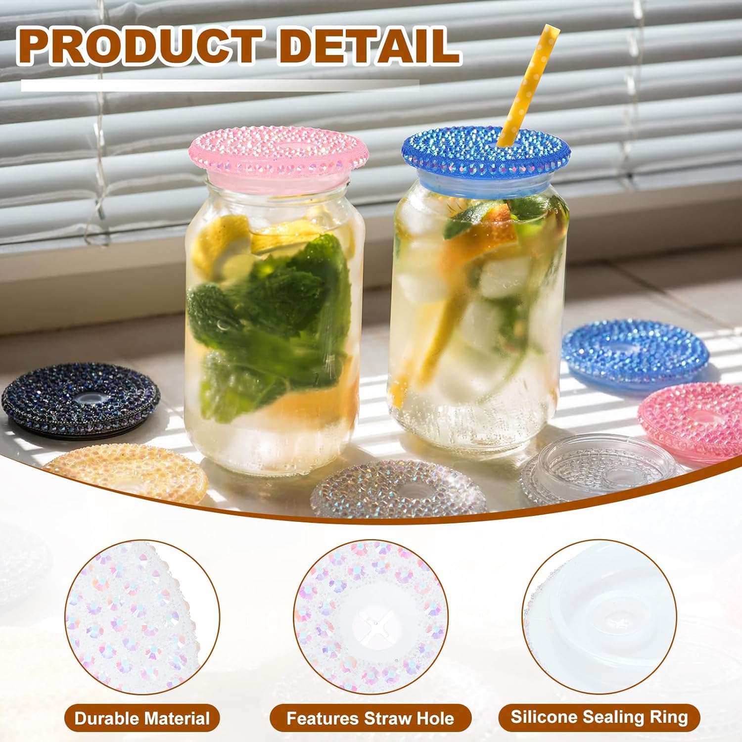 uxcell 2Pcs Acrylic Lids for 16 oz Glass, Reusable Plastic Tumbler Replacement Lids Rhinestone Canning Caps with Hole for Beer Can Drinking Glasses Tumblers, White Iridescent