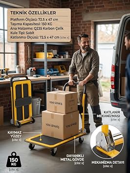 Hannah Endüstriyel Katlanabilir Platform Taşıma Arabası - 150 KG Kapasiteli, Sessiz Tekerlekli Ağır Hizmet Yük Arabası (Sarı/Siyah)