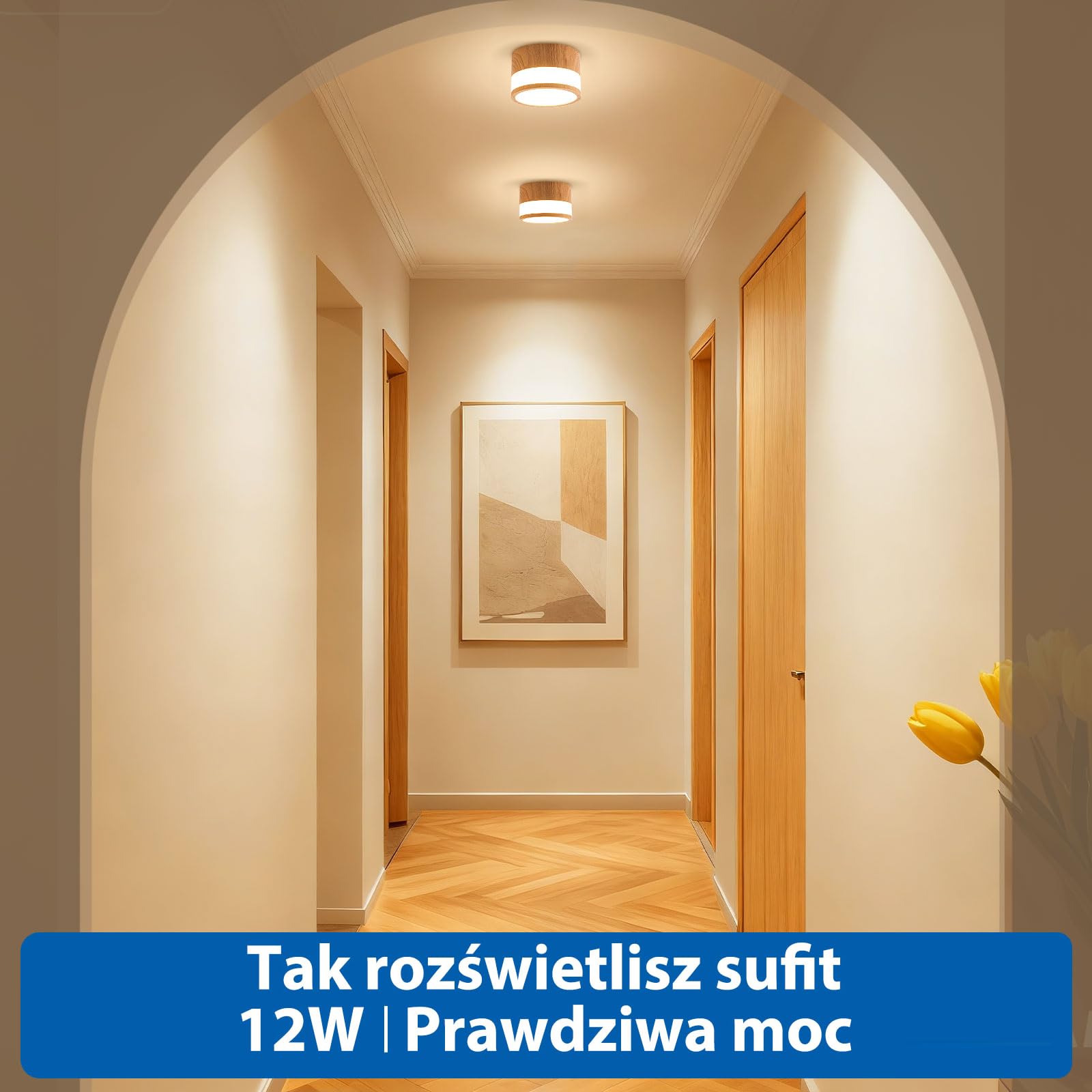 4 szt Reflektor Natynkowy w Stylu Drewna IP44 Wodoodporna, Do Łazienki, Kuchni, Salonu i Holu, LED Ciepła Biel 3000K, 12W 1100LM, Oświetlenie 230V dla Pomieszczeń Wilgotnych