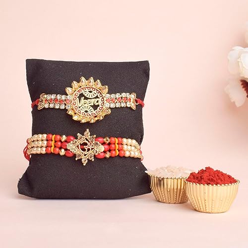 Miniatura 3 de SATVIK - Juego de 5 piezas de Rakhi para hermano Bhaiya Bhabhi tradicional hecho a mano, surtido de Rakhi, Roli Chawal, tarjeta de felicitación y