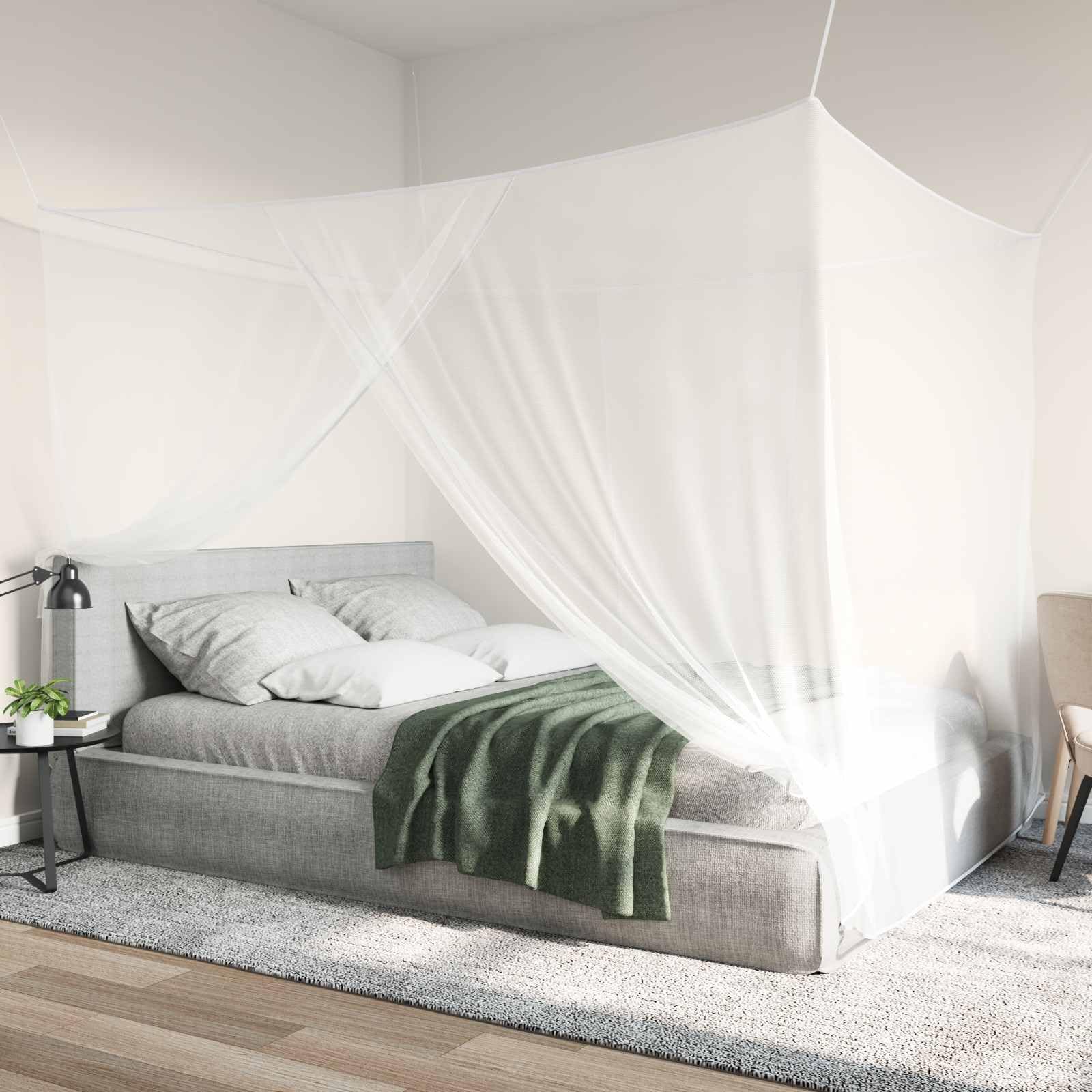 Moskito Netz für Bett aus Polyester, 156 Maschen, 3er Set Weiß, 220 x 180 x 180 cm, mit genähter Öffnung, für Schlafzimmer und Innenbereich, leichte Belüftung