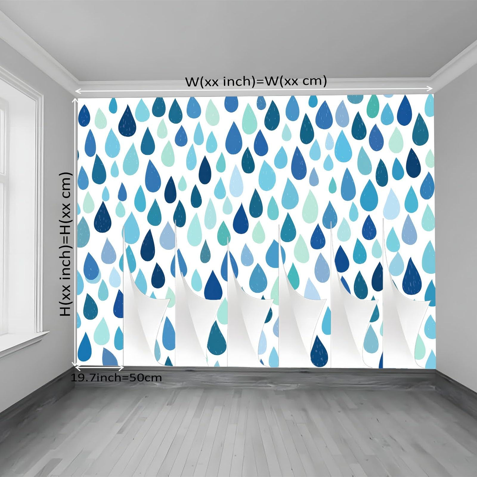Minimalistyczny geometryczny mural ścienny z włókniny do sypialni, przy łóżku i przedpokoju, ściana akcentująca, 300 x 210 cm, niewklejony efekt 3D, duży plakat z fototapetą, niebieskie krople deszczu
