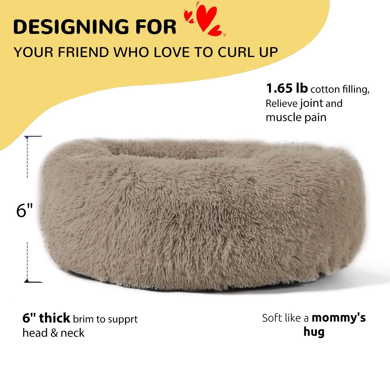 HACHIKITTY Calming Donut, Cuccia per cani, rotonda, soffice, con cuscino cucito, per cani di taglia grande, lavabile, grande, grigio talpa, 58 cm