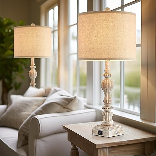 Miniatura 2 de Juego de 2 lámparas de mesa vintage de granja con USB A+C para sala de estar, lámpara de mesa rústica de 27 pulgadas de alto, 3 vías regulables al