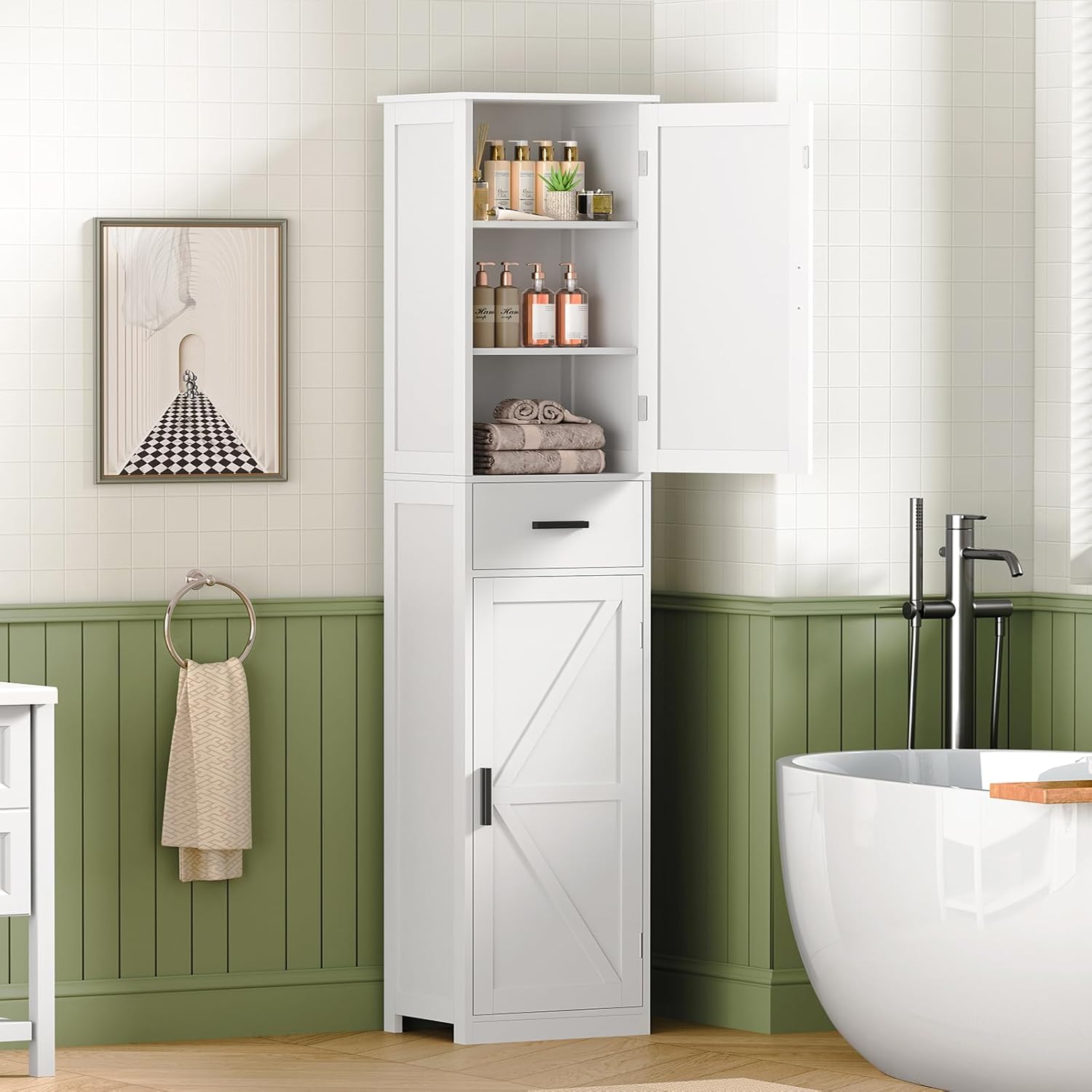 FIONESO cabinet in a modern bathroom setting next to a bathtub