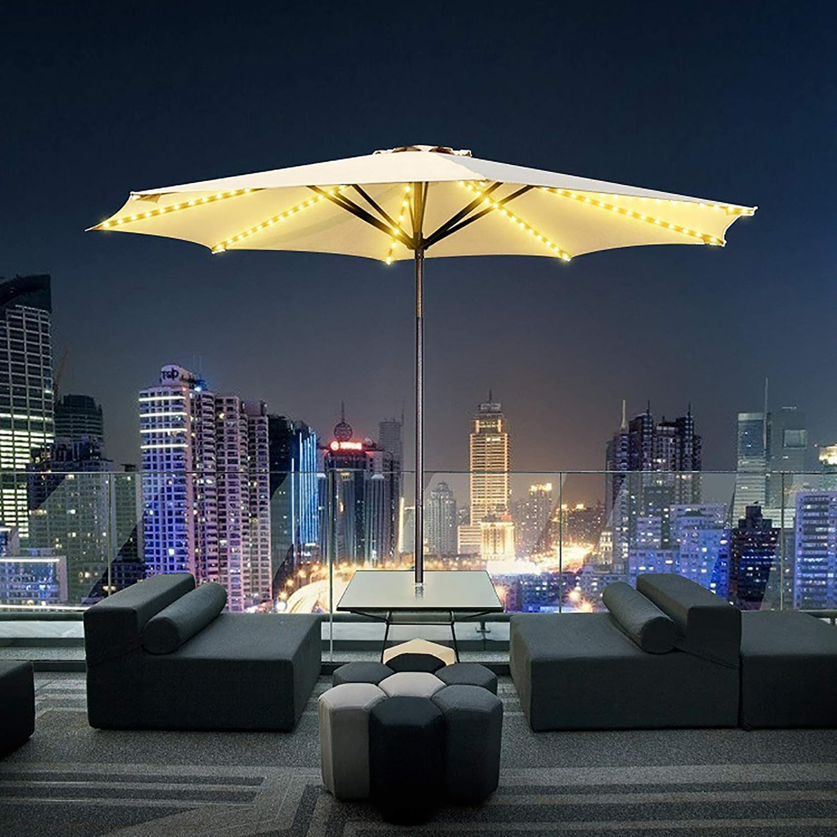 Luces para sombrilla, 104 LED impermeables, a pilas, con control remoto, 8 modos de iluminación para exteriores, patio, jardín y tiendas de campaña (Blanco cálido)