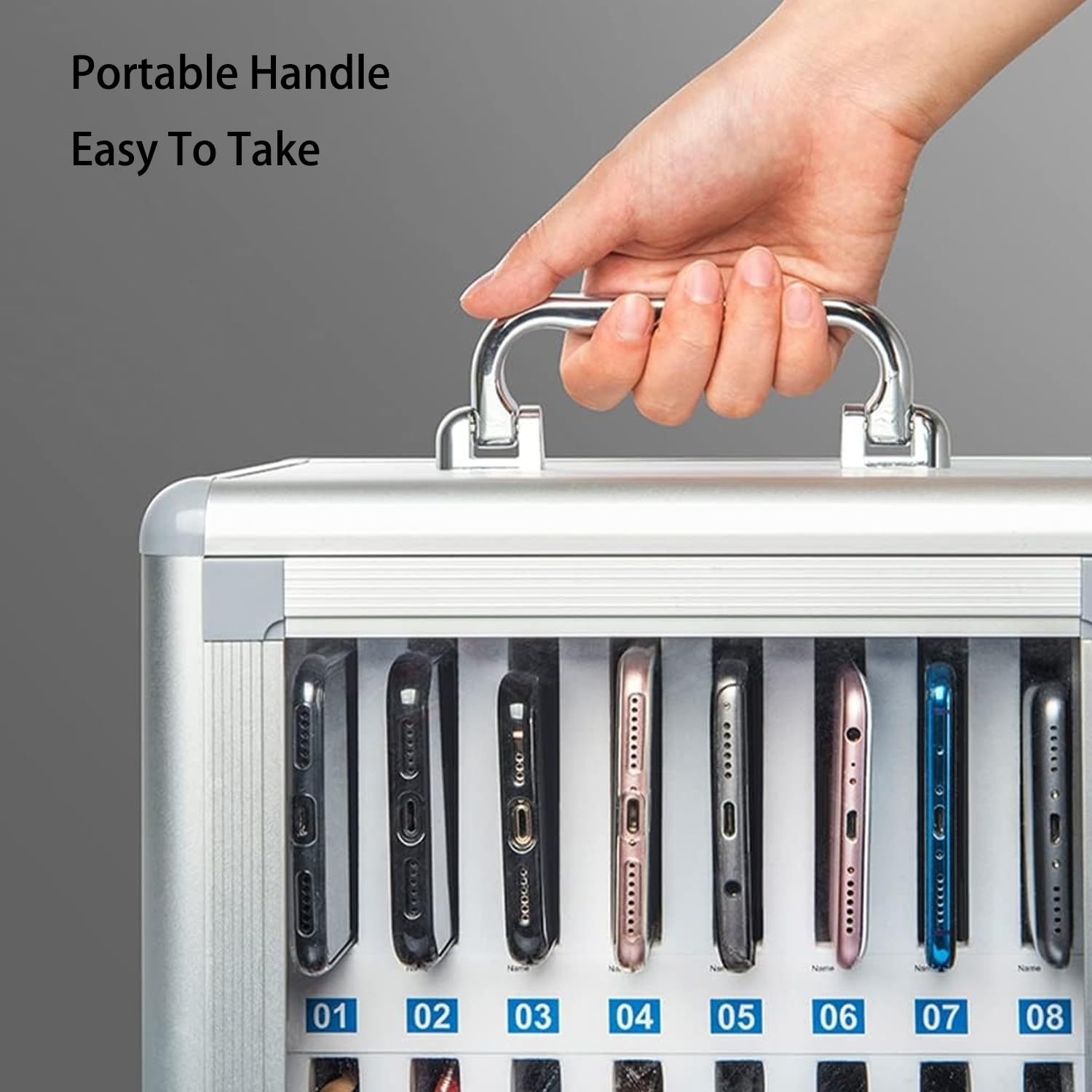 Handygarage für 24 Smartphones mit Lüftungslöchern | Handytresor zur sicheren Aufbewahrung | Handy Aufbewahrungsbox, silberfarbene Premium-Box mit verbesserter Kühlfunktion für Schule und Büro