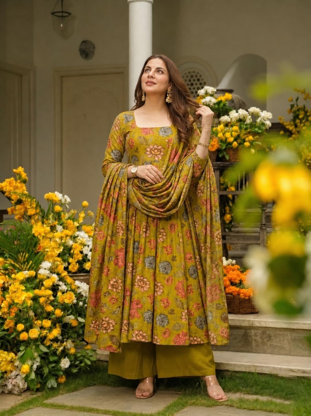 ANNI Designer Kurta Femme Mélange de Viscose Imprimé Kurti Ensemble 3 Pièces Kurta Palazzo Dupatta Col Carré Manches 3/4 Coupe Regular Fit Robe