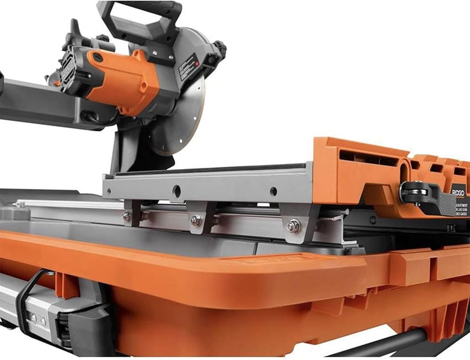 Close-up of the RIDGID R4041S Wet Tile Saw's table and adjustable fence