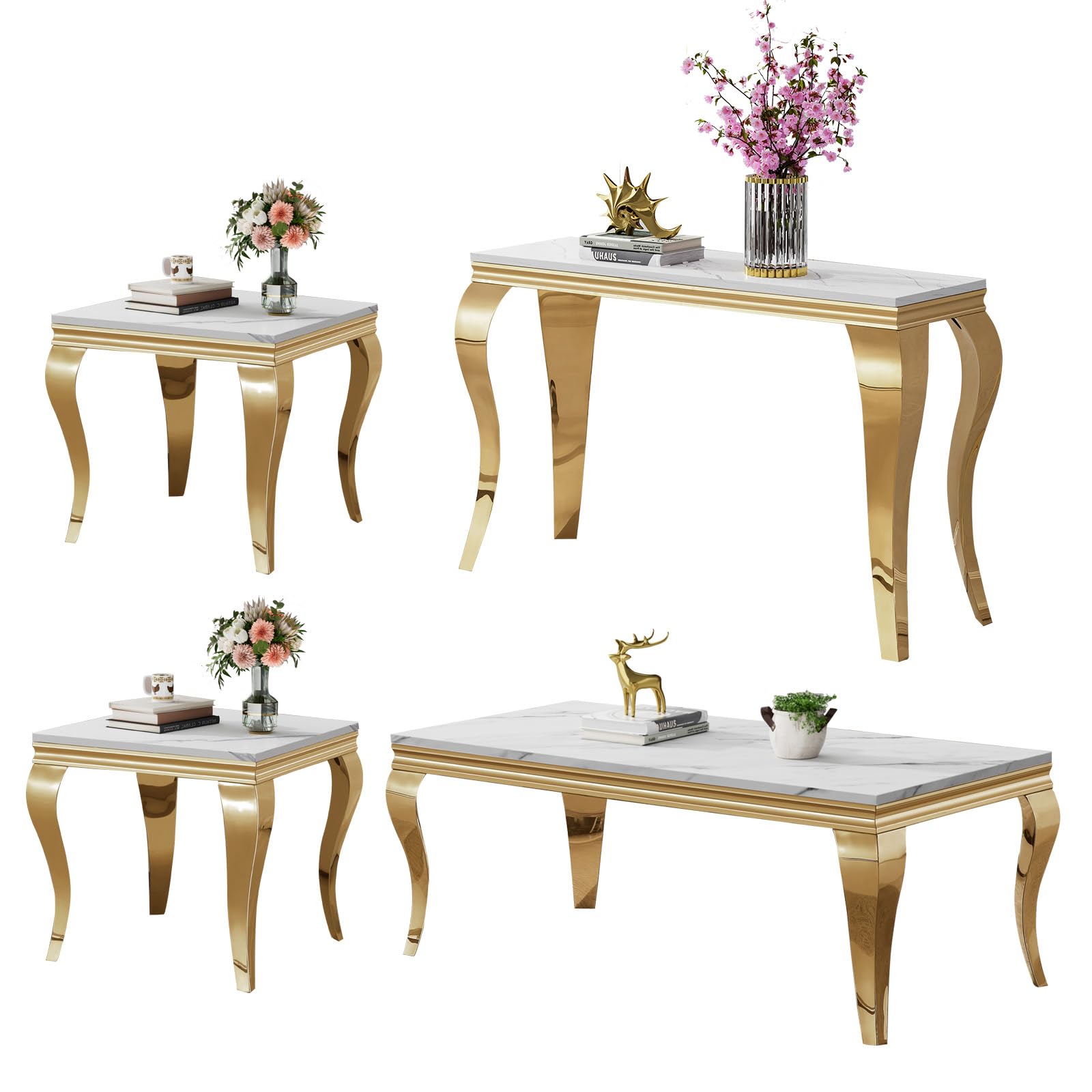 Luxury Coffee Table Set of 4, Coffee Table with 2 End Tables, 1 Sofa Console Table, Modern 4 Piece Living Room Table Set with Faux Marble Top &amp; Gold Stainless Steel S Legs for Apartment Home Office
