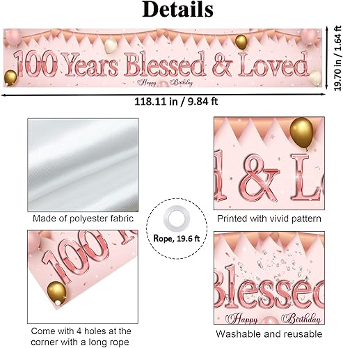 Miniatura 2 de Labakita Cartel de 100 años bendecidos y amados, pancarta de feliz cumpleaños número 100 de Lager, decoraciones de cumpleaños número 100 de