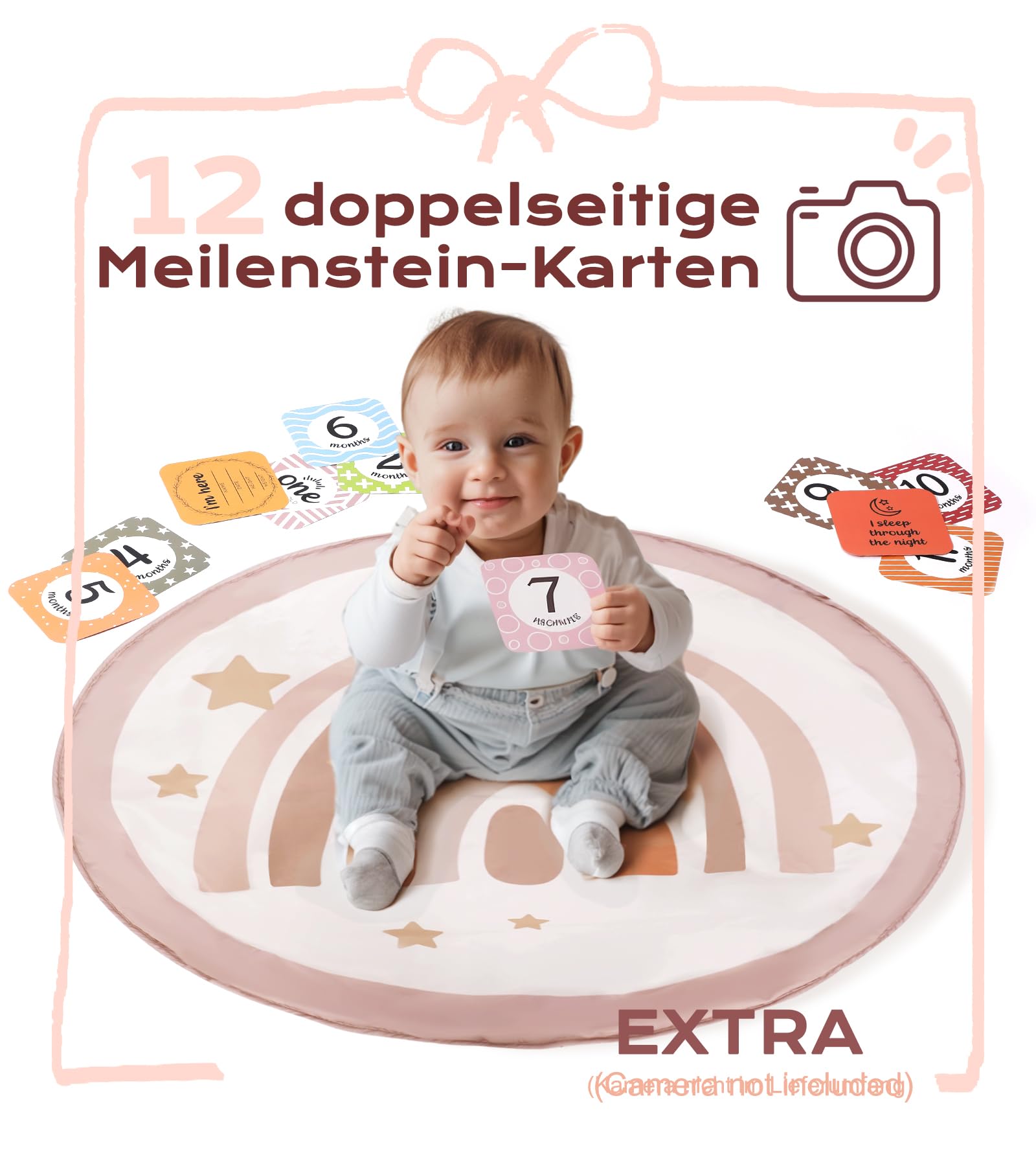 Mallify Spielbogen Baby Mädchen, Krabbeldecke für Baby mit 7 abnehmbaren sensorischen Spielzeugen und 12 Meilensteinkarten, Spieldecke baby ab Geburt, Baby Gym 0-6 Monate, Rainbow