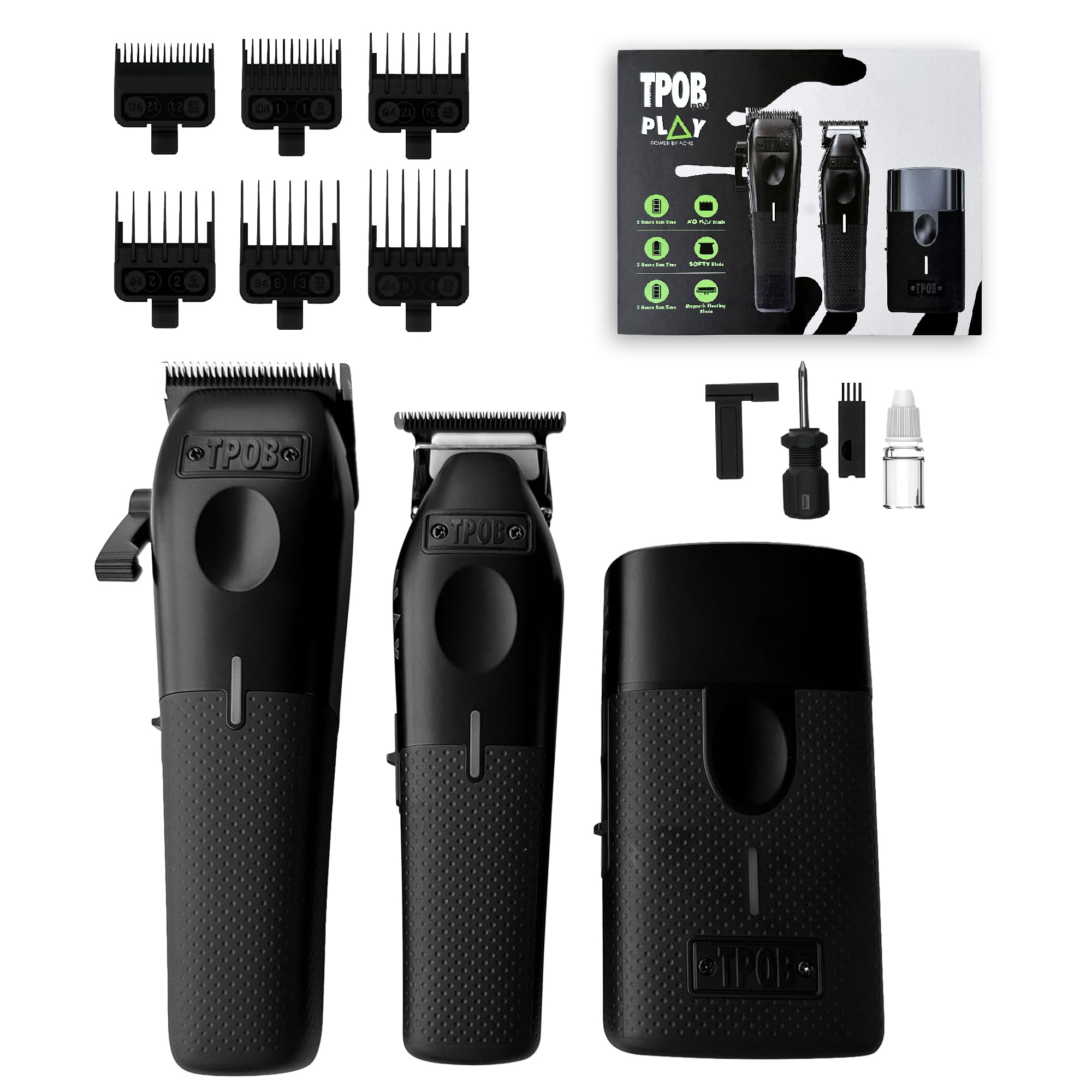 TPOB Play Barber Hair Clippers for Men 7500 RPM with Rubber Grips (Blackout 3 Set)