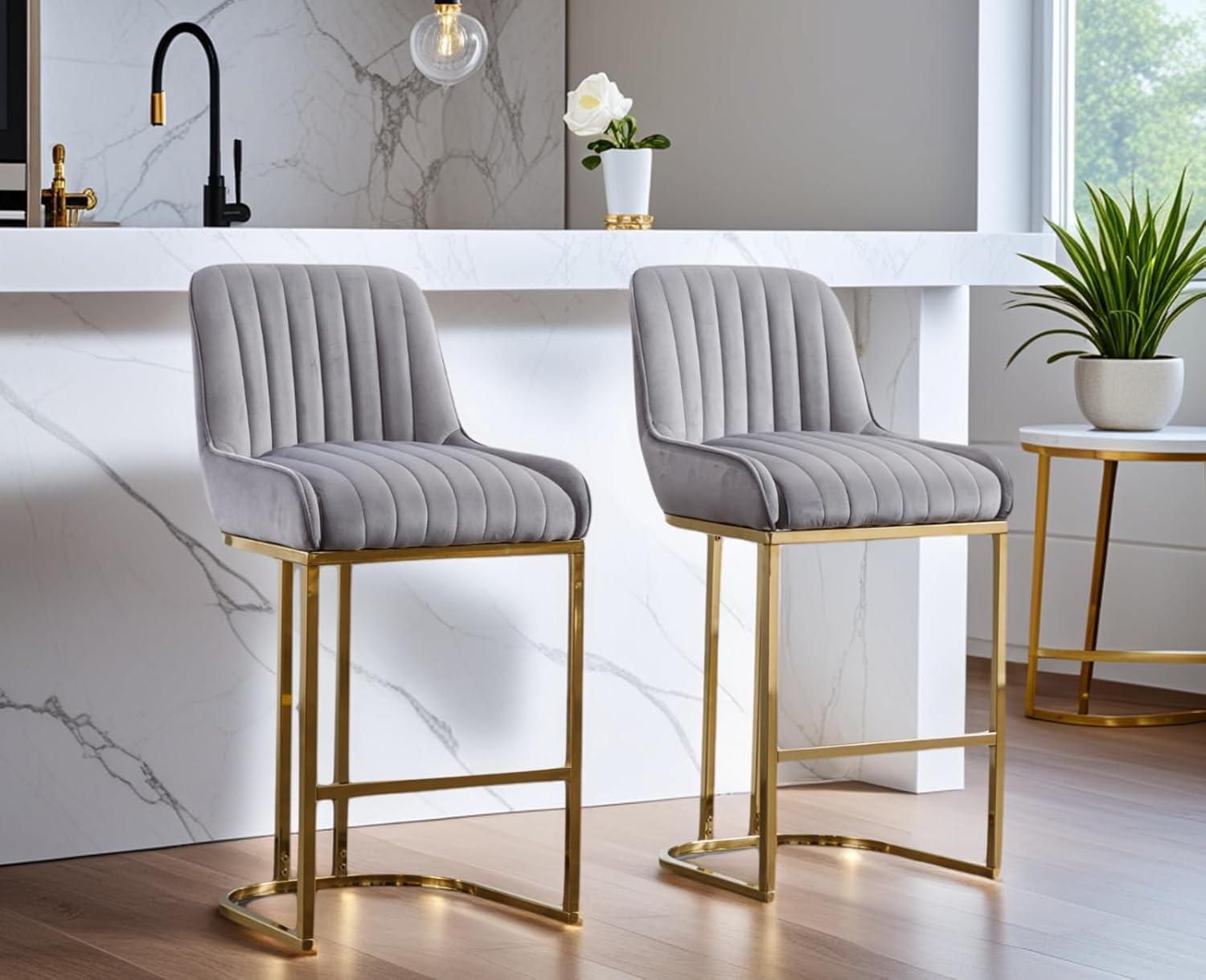 CIMOTA Counter Height Bar Stools Set of 4 with Back Modern Kitchen Counter Stools with Gold Legs Velvet Island Chairs Comfy Stripe Barstools for Breakfast Bar, 26 Inch/Grey