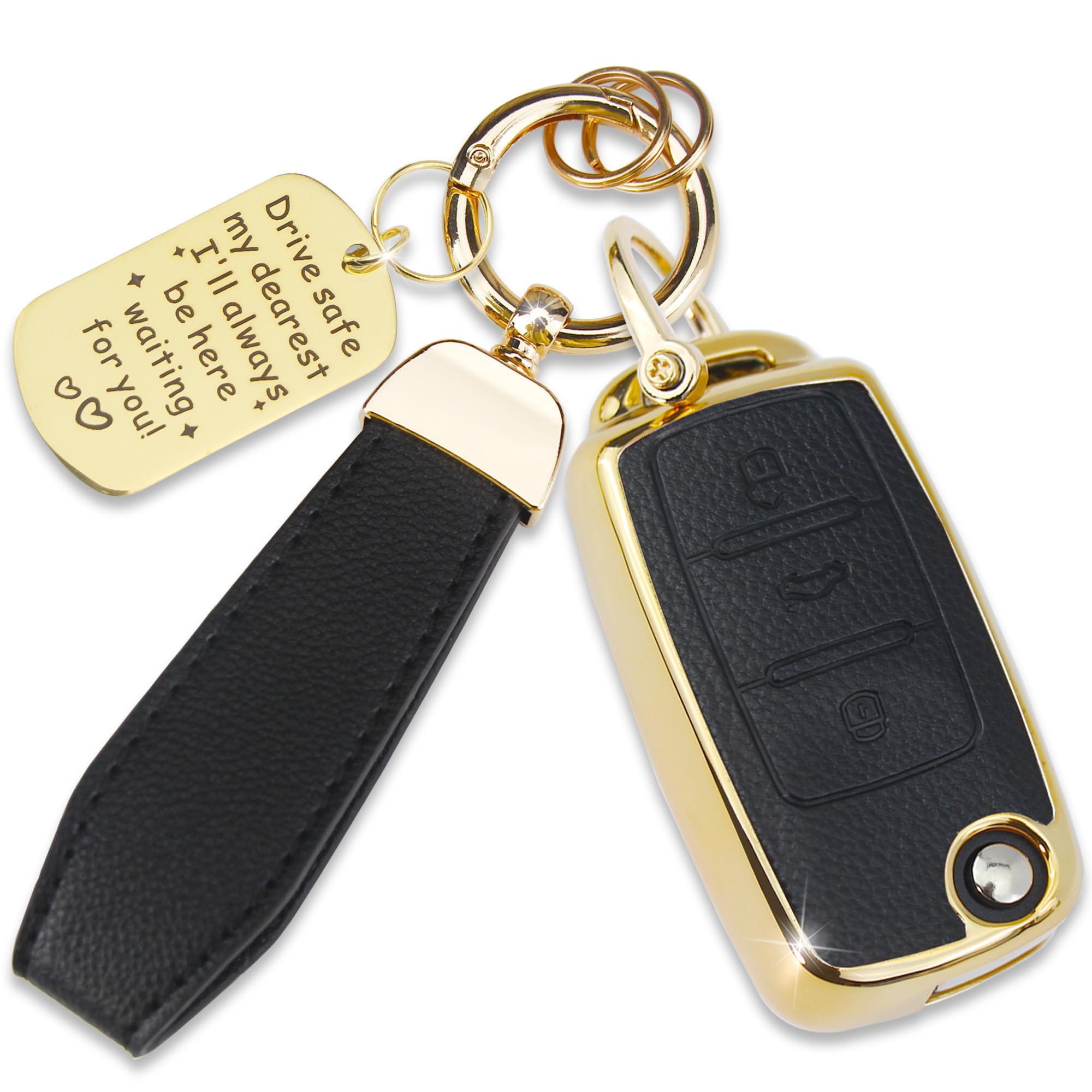 Soft TPU & Leather Key Fob Cover Compatible with VW Volkswagen Santana Scirocco Eos Tiguan Passat Polo MK5 Touran Jetta Beetle Golf, with Keychain & Metal Blessing Tag (3 Button Black)