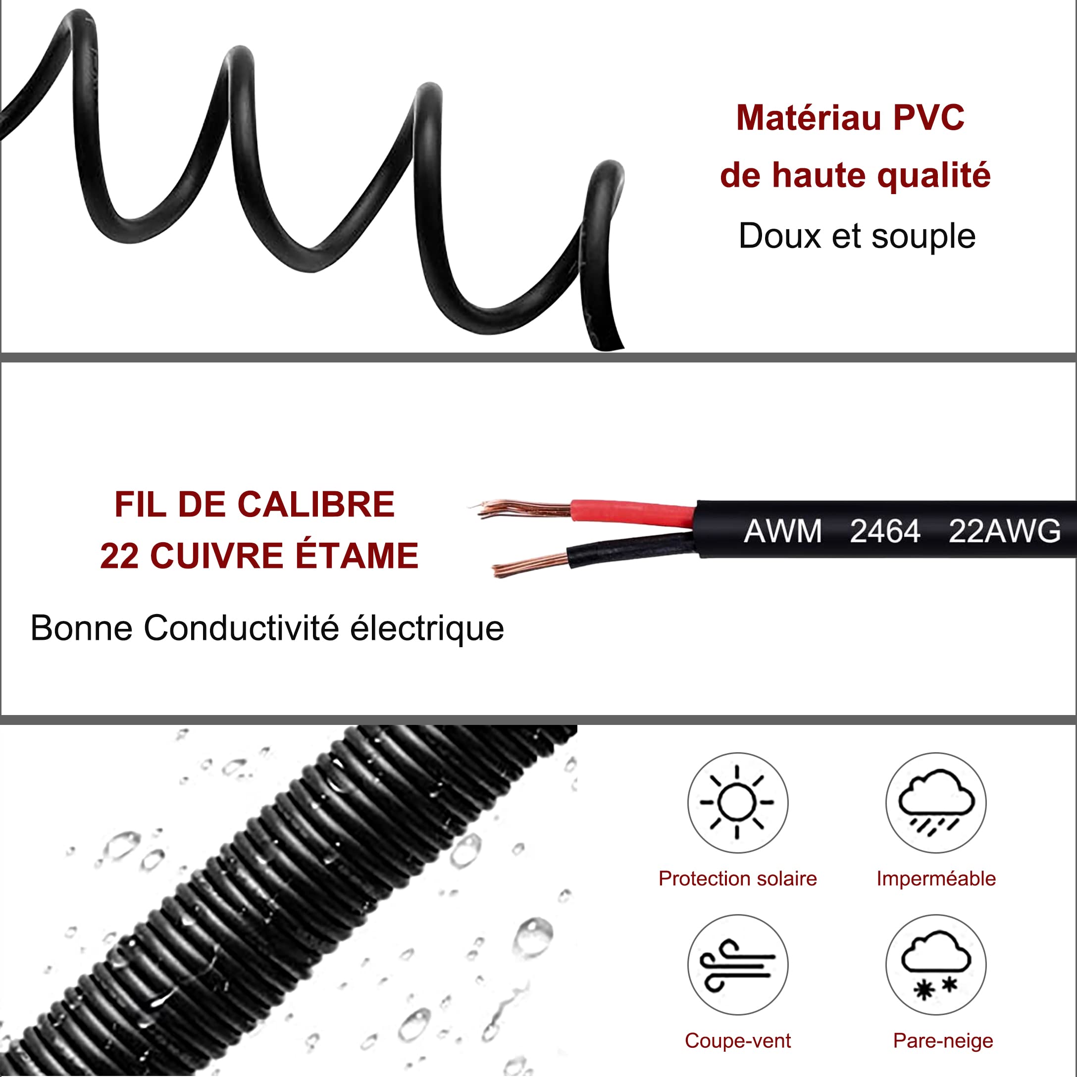 URCIANOW 22awg 10m Fil Electrique 12V Câble d'Extension LED 0,2mm 2