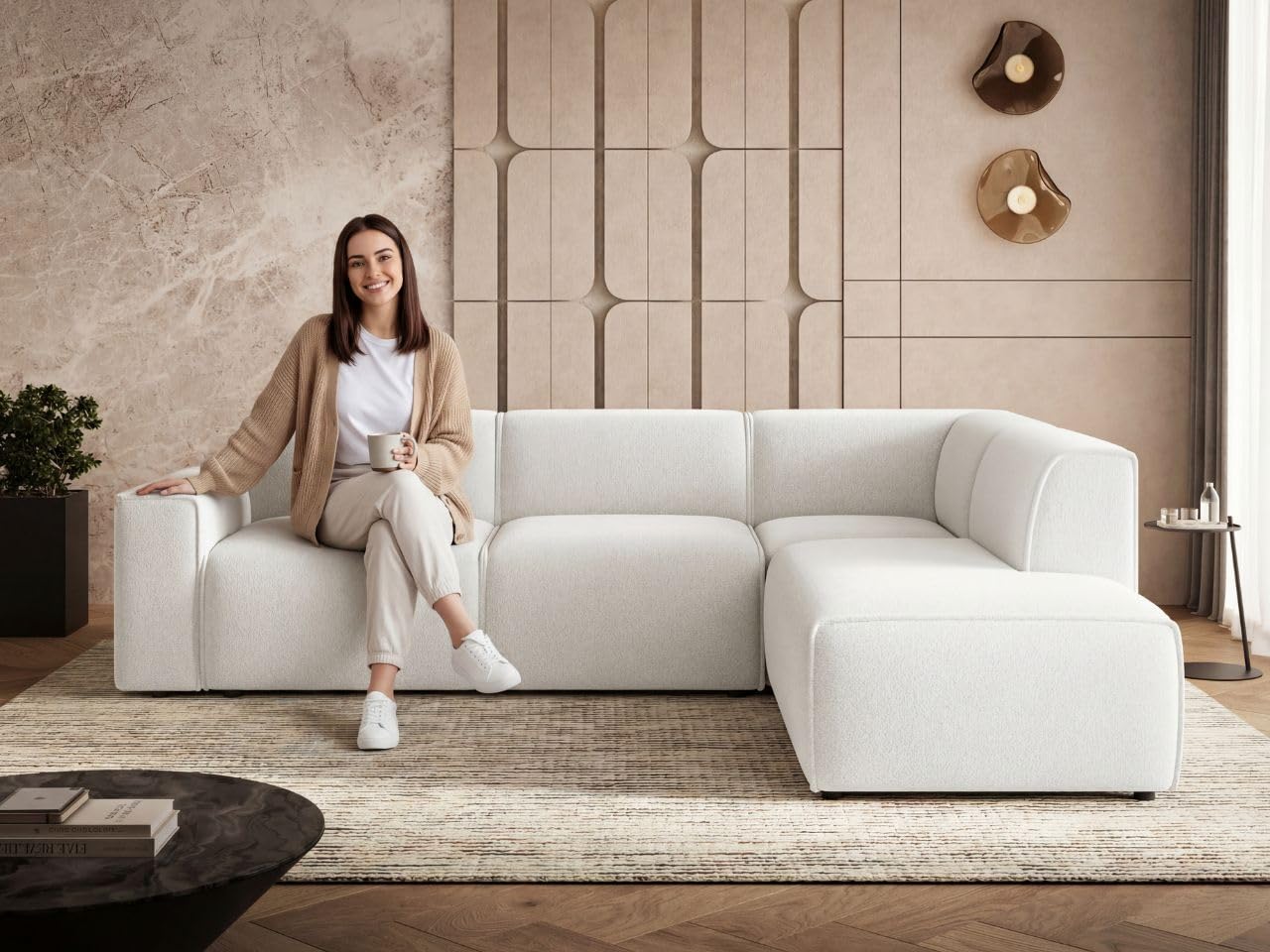 GRAINGOLD Eluno Ecksofa 292x220 cm, L-Form Sofa, Sofa für Wohnzimmer, Bouclé Stoff, 4-Sitzer Eckcouch, Modernes Design (Weiß, Rechts)