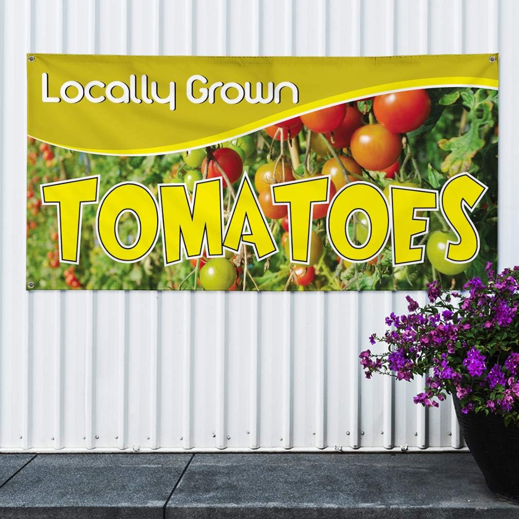 Vinyl Banner Sign Locally Grown Tomatoes Business Locally Grown Tomatoes Outdoor Marketing Advertising Yellow - 24inx48in, 4 Grommets, One Banner