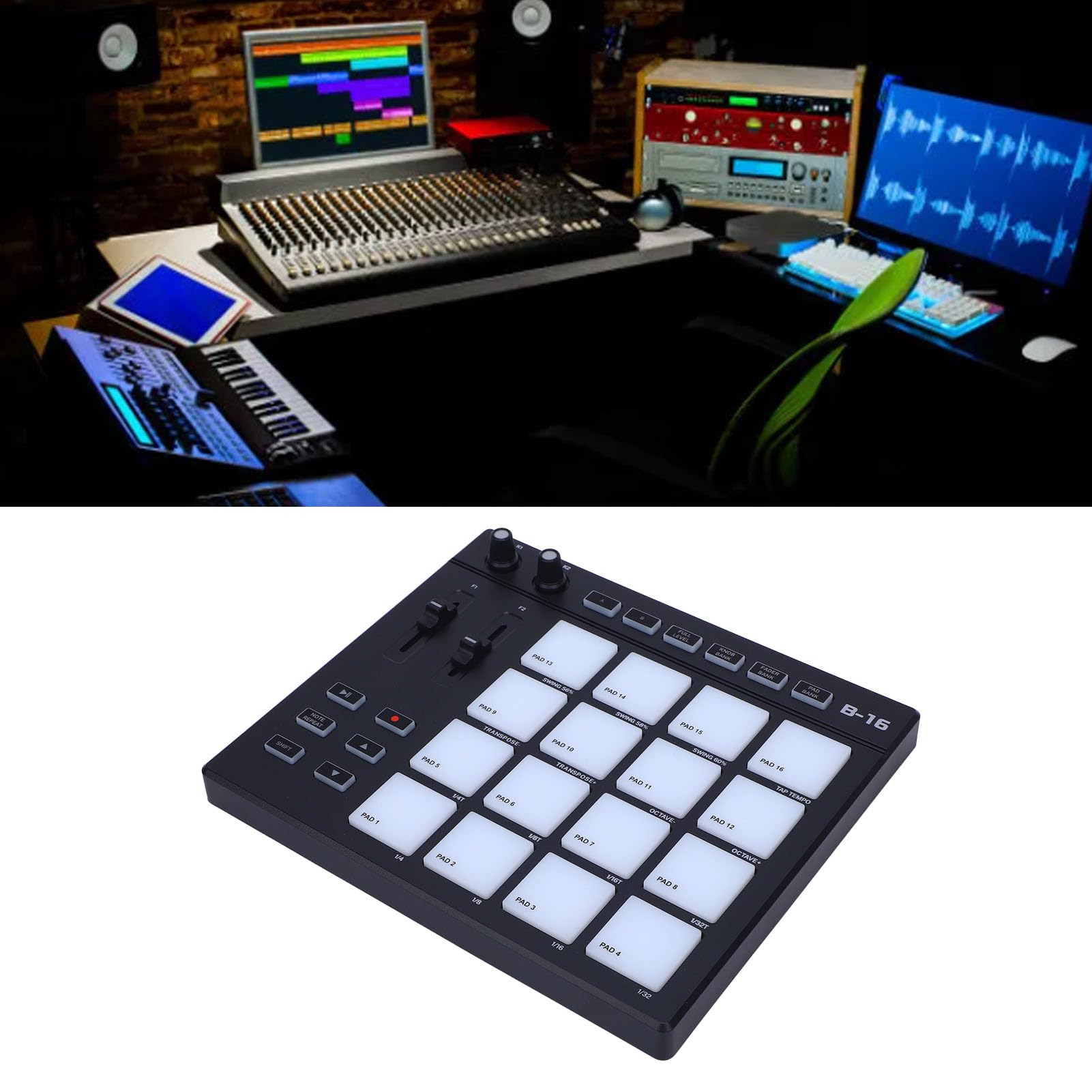 Annadue Controlador USB MIDI Pad para Producción Musical con Ableton Live, para FL Studio, para Herramientas Pro, 16 Almohadillas de Batería, 2 Fader Asignables, 2 Perillas Ajustables