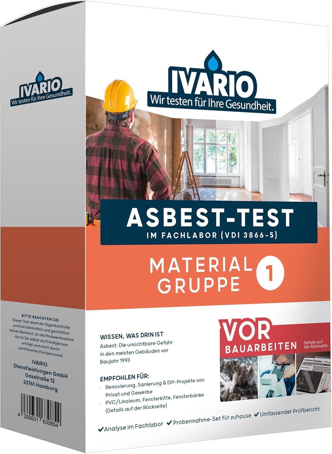 IVARIO Asbest-Test für Dämmplatten, PVC uvm. + Probenahme-Schutz-Set (M) | Für Dämmplatten, Eternit, Linoleum, Fensterkitt, Zement, PVC, Dichtungen, Cushion-Vinyl uvm.