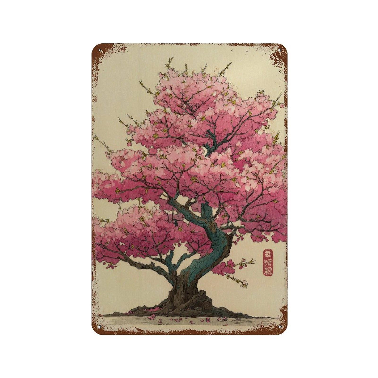 xiaoxiaoshen Cherry Blossom Tree. Japanese Woodblock Style Botanical Wall Decor Art Metal Tin Poster Modern Home Decor Art Home Bar Shop Decorations Vintage Sign 30x20cm