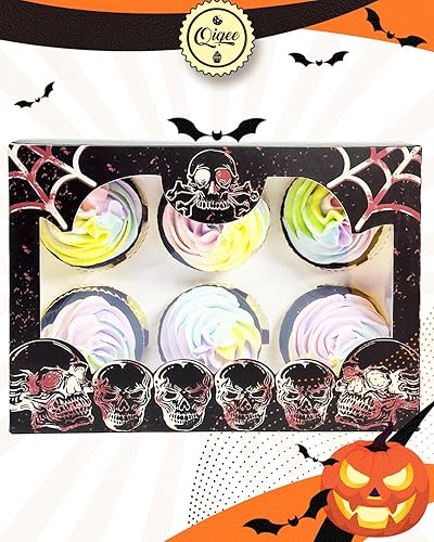 Miniatura 2 de qiqee 6 cajas de magdalenas con ventana de Halloween, 30 paquetes de cajas de cupcakes de 9 x 6.1 x 3.3 pulgadas, cajas de panadería para portador