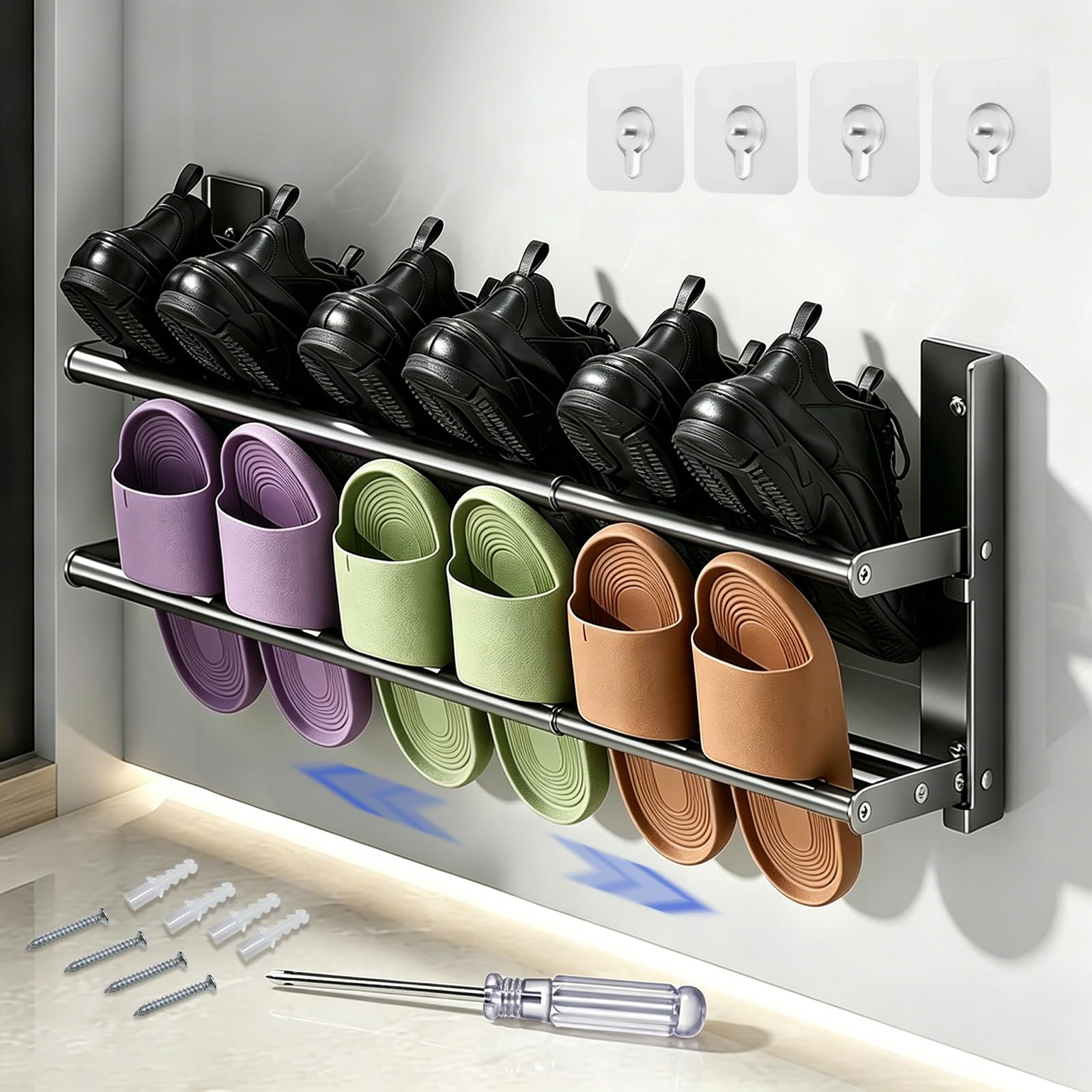 Wall-mounted Shoe Rack - 37-67cm Black Extendable 2 Tier shoe rack, Metal Wall Narrow Shoe Rack, Space-saving shoe storage, Hidden Shoe Rack for Entryway, Suitable for Corridor Motorhome and Bathroom
