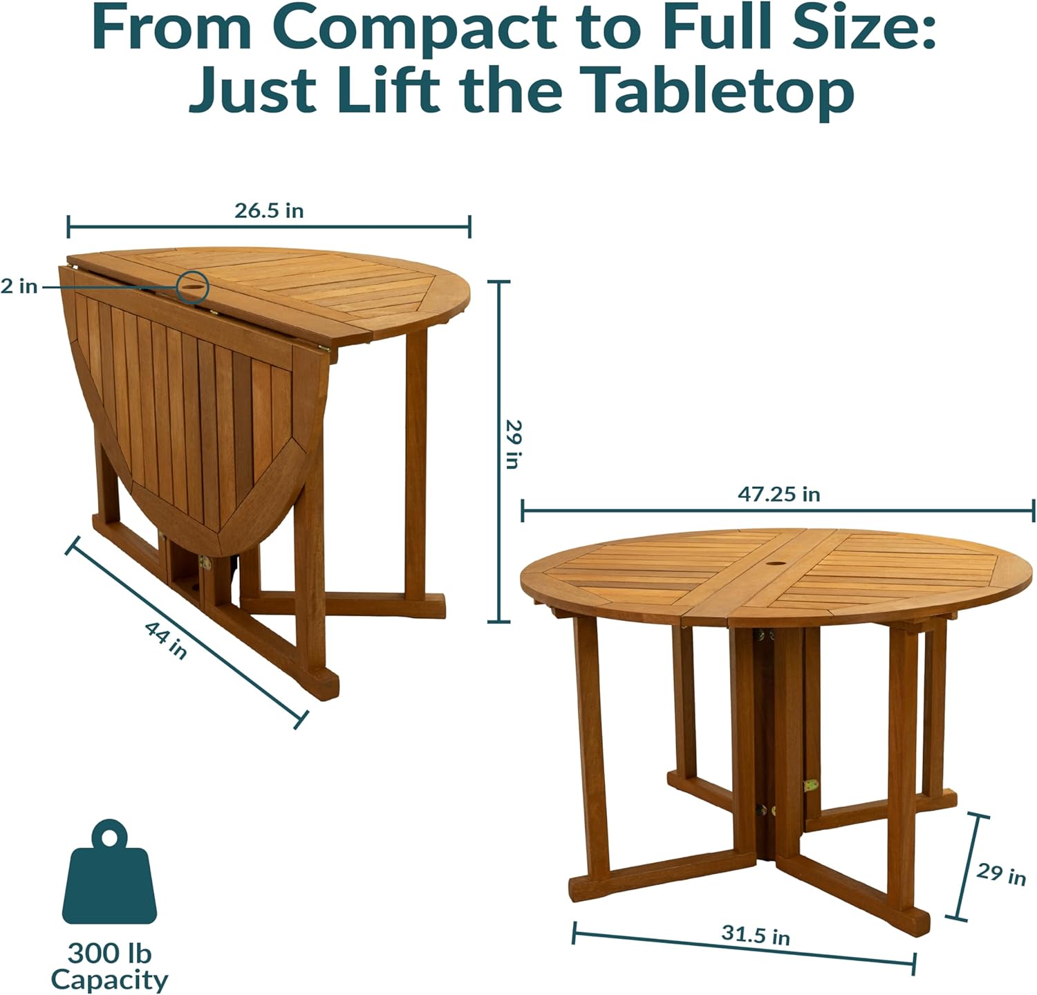 Sunnydaze Malaysian Wood Folding Patio Table - Space-Saving Gateleg Table with Umbrella Hole for Outdoor Dining & Gatherings - Teak Oil Finish