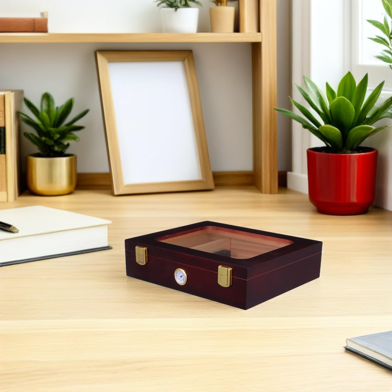 HOMSFOU Humidor Zigarren Elektrisch mit Präziser Feuchtigkeitskontrolle Glasdeckel und Hygrometer Braun Holz Zigarrenbox für Reise und Zuhause als Dekorative Zigarren Feuchtigkeitsbox