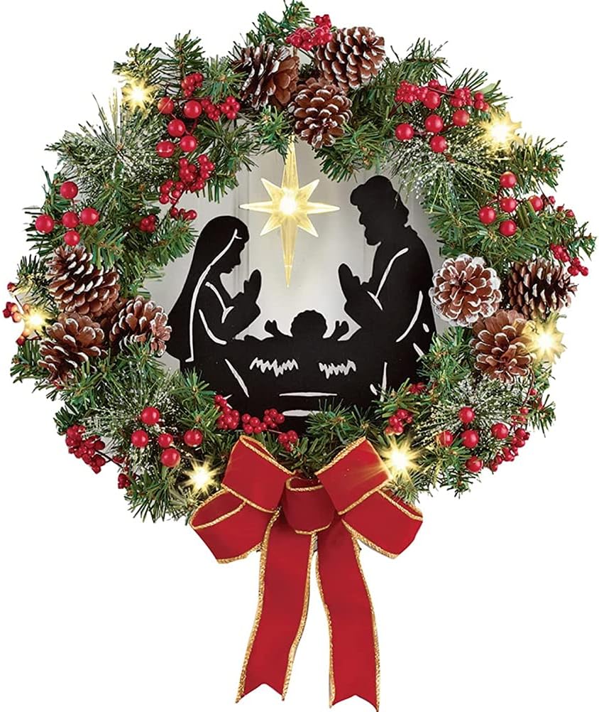 MINGZHE Christmas Wreath LED Lights with Jesus Red Berry Pine Cone Nativity Scene LED Lights String Wreath Mixed Holiday Decorations(35 * 35cm)