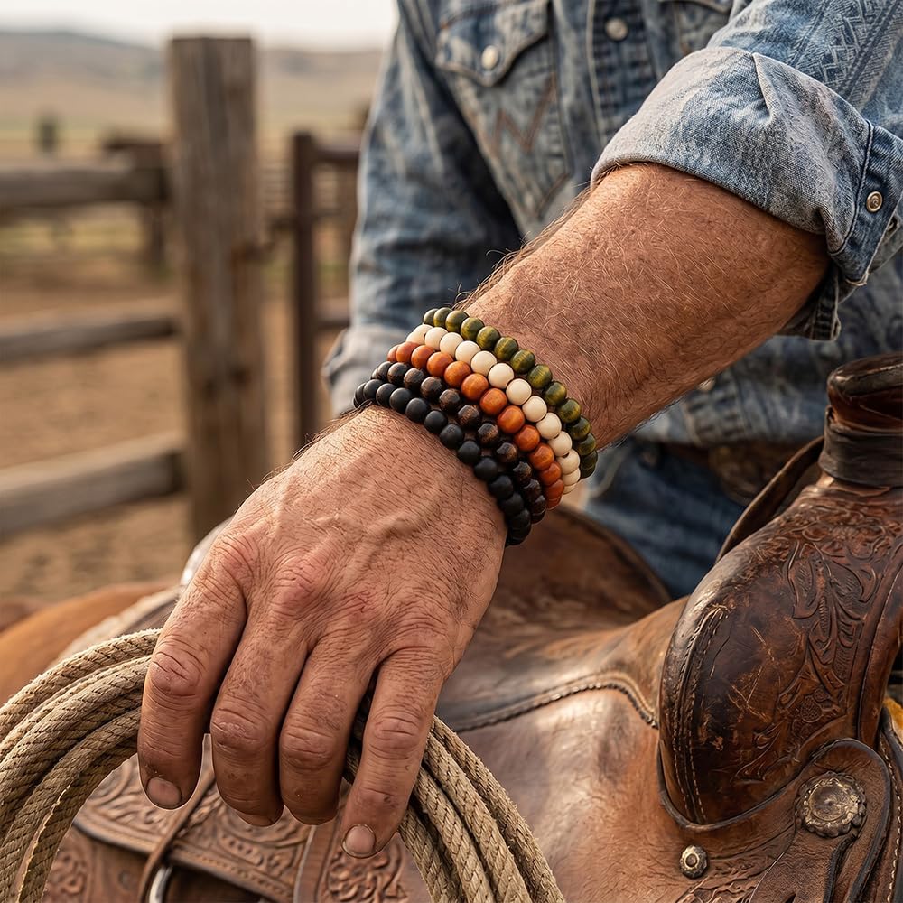 Set di 5 Braccialetti con Perline di Legno per Uomo e Donna - Stile Funky, Festa del papà, Festa della Mamma, Natale, Compleanni, Giorno del Ringraziamento. Perline per Braccialetti