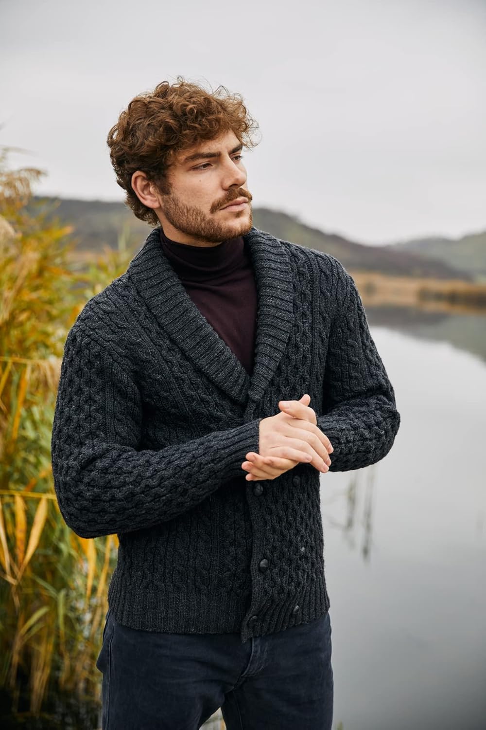 SAOL 100% Merino Wool Double Breasted Shawl Cardigan with Buttons for Men's - Image 5